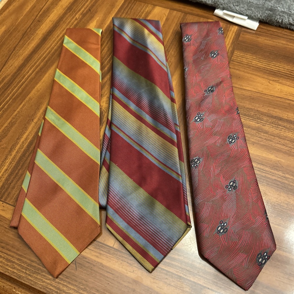 Lot 3 In Vintage Neckties Red Gold‎ Brown Striped Arrow Damon Wembly